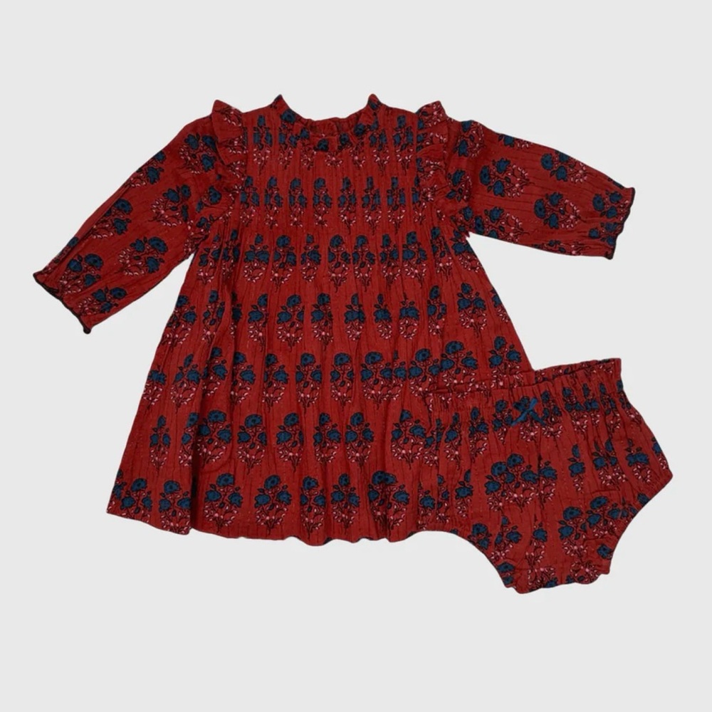 Pink Chicken Floral Red and Blue Baby Dress with Bloomers